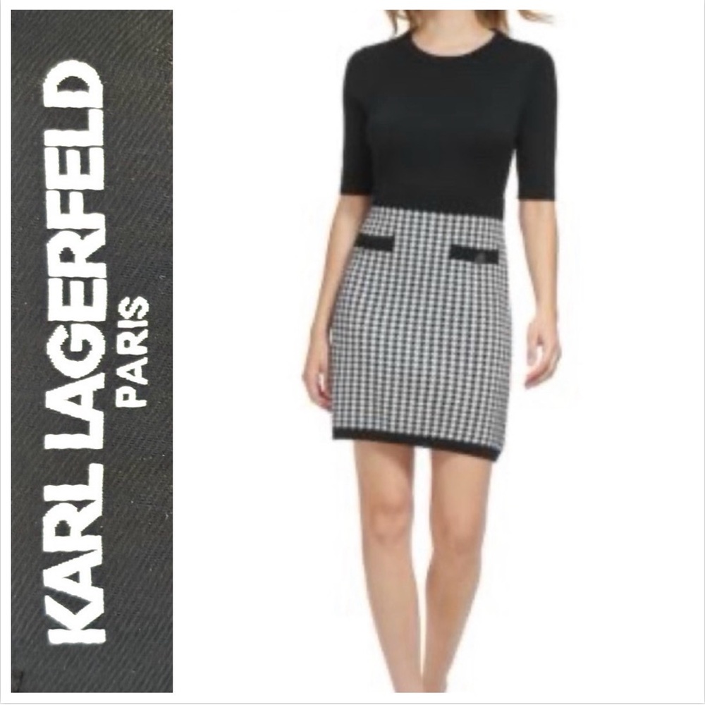 Karl Lagerfeld Dress Sweater knit houndstooth black white business office XL NWT